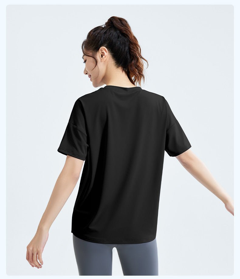 Short - Sleeve Loose Fit Split Hem Yoga T-Shirt – Breathable Ice Silk Sports Top for Running & Casual Wear - Women's Activewear by Ceecile