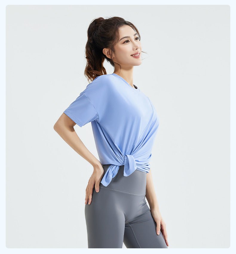 Short - Sleeve Loose Fit Split Hem Yoga T-Shirt – Breathable Ice Silk Sports Top for Running & Casual Wear - Women's Activewear by Ceecile