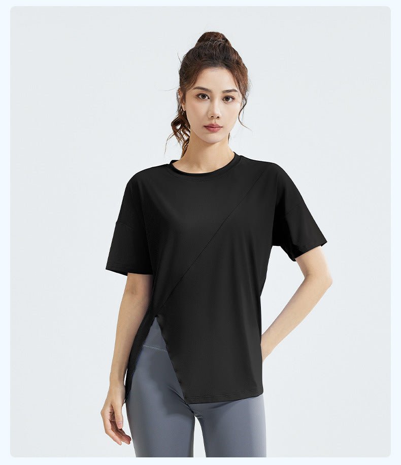 Short - Sleeve Loose Fit Split Hem Yoga T-Shirt – Breathable Ice Silk Sports Top for Running & Casual Wear - Women's Activewear by Ceecile