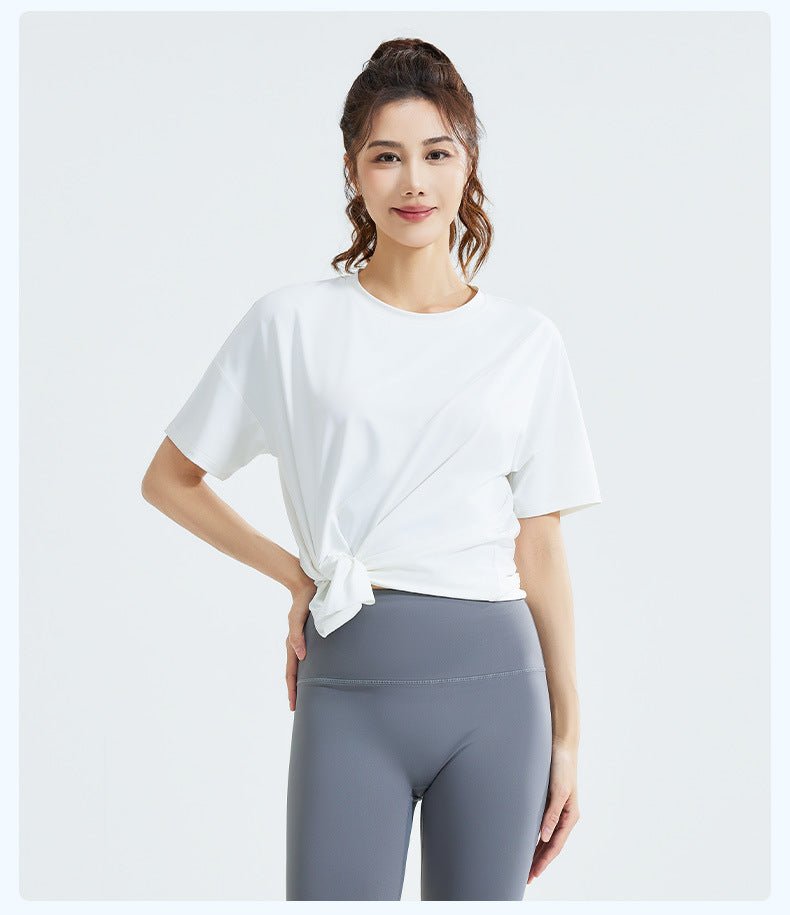 Short - Sleeve Loose Fit Split Hem Yoga T-Shirt – Breathable Ice Silk Sports Top for Running & Casual Wear - Women's Activewear by Ceecile