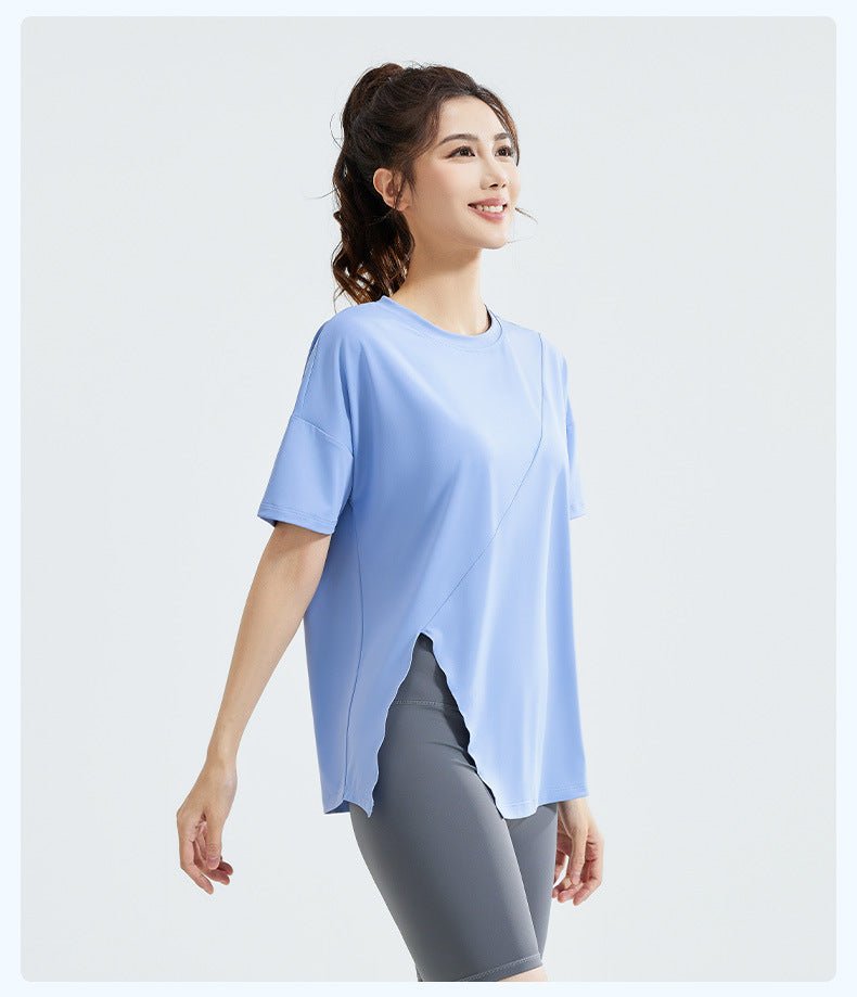 Short - Sleeve Loose Fit Split Hem Yoga T-Shirt – Breathable Ice Silk Sports Top for Running & Casual Wear - Women's Activewear by Ceecile