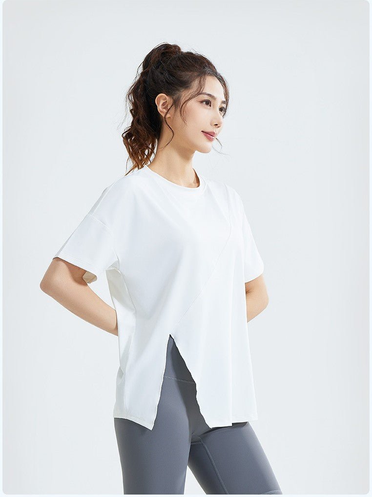 Short - Sleeve Loose Fit Split Hem Yoga T-Shirt – Breathable Ice Silk Sports Top for Running & Casual Wear - Women's Activewear by Ceecile