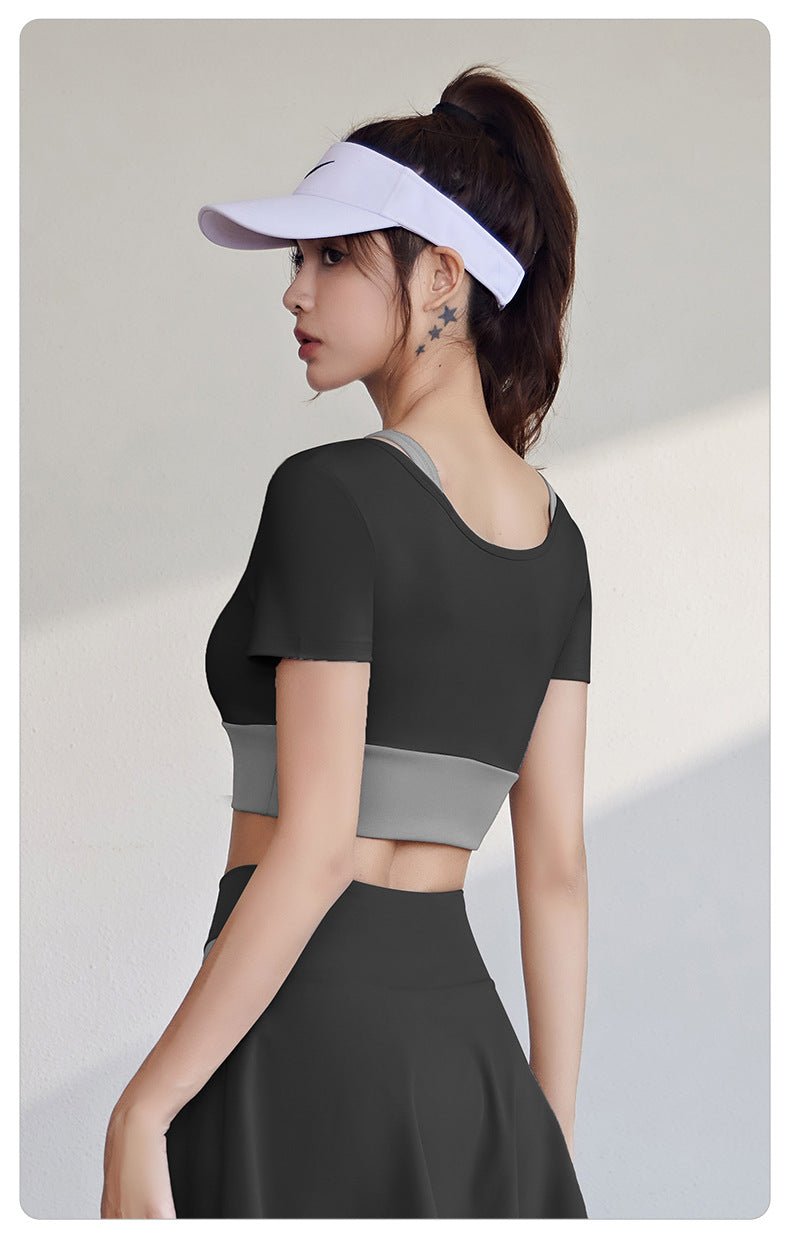 Short Sleeve Sports Top | Layered Design | Padded Yoga & Gym Shirt | Fashionable Activewear - Women's Activewear by Ceecile