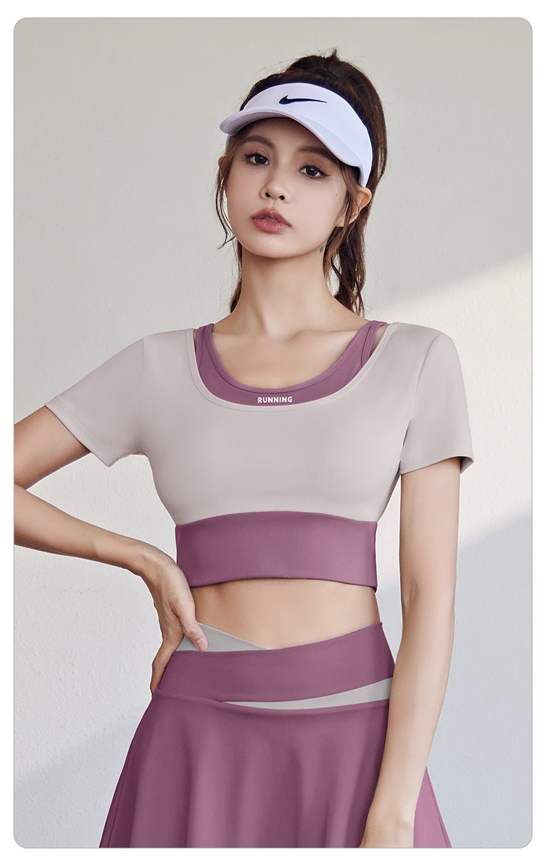 Short Sleeve Sports Top | Layered Design | Padded Yoga & Gym Shirt | Fashionable Activewear - Women's Activewear by Ceecile