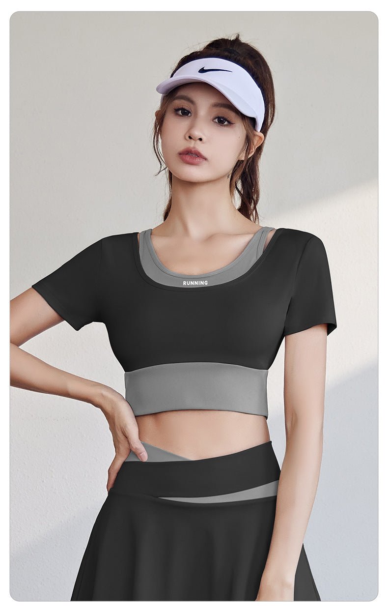 Short Sleeve Sports Top | Layered Design | Padded Yoga & Gym Shirt | Fashionable Activewear - Women's Activewear by Ceecile