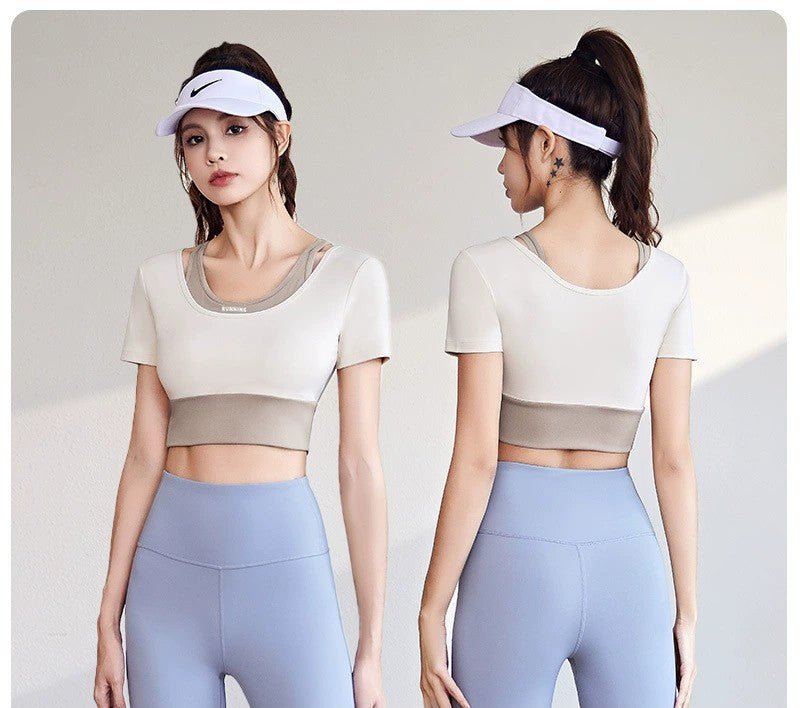 Short Sleeve Sports Top | Layered Design | Padded Yoga & Gym Shirt | Fashionable Activewear - Women's Activewear by Ceecile