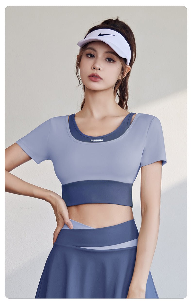 Short Sleeve Sports Top | Layered Design | Padded Yoga & Gym Shirt | Fashionable Activewear - Women's Activewear by Ceecile