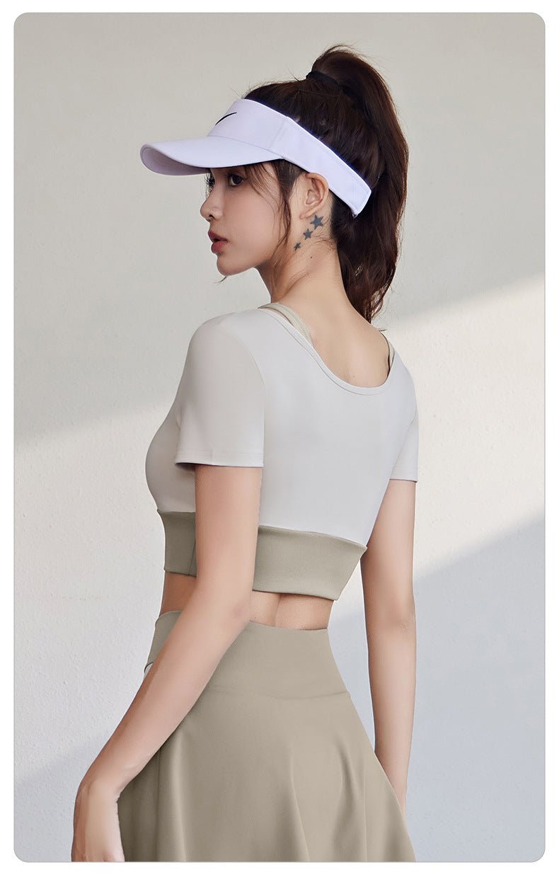 Short Sleeve Sports Top | Layered Design | Padded Yoga & Gym Shirt | Fashionable Activewear - Women's Activewear by Ceecile