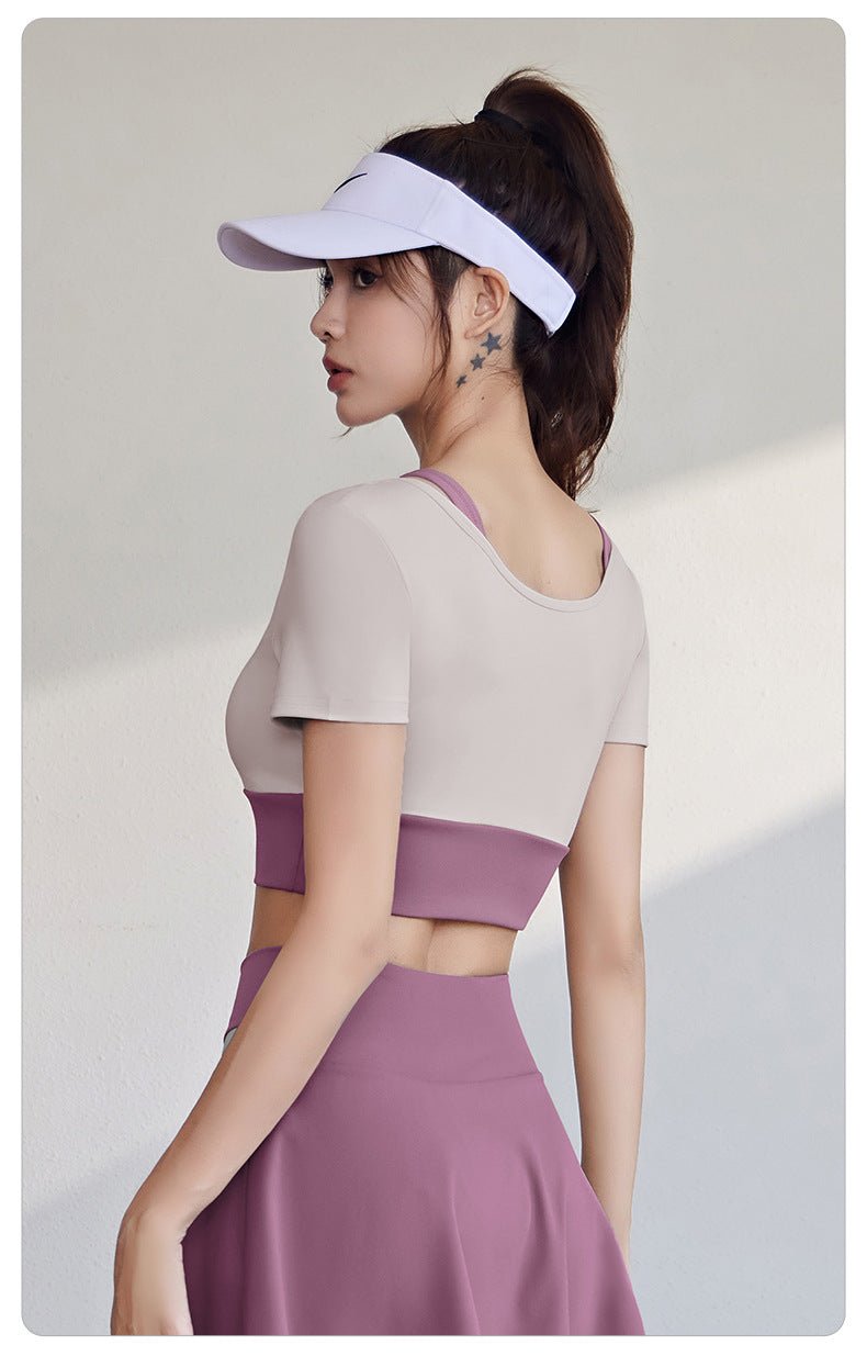 Short Sleeve Sports Top | Layered Design | Padded Yoga & Gym Shirt | Fashionable Activewear - Women's Activewear by Ceecile