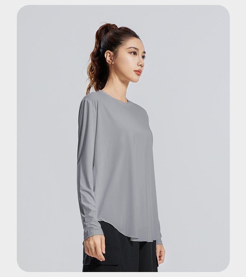 Women Loose Fit Long Sleeve Round Neck Fitness Yoga Top Racerback - Women's Activewear by Ceecile