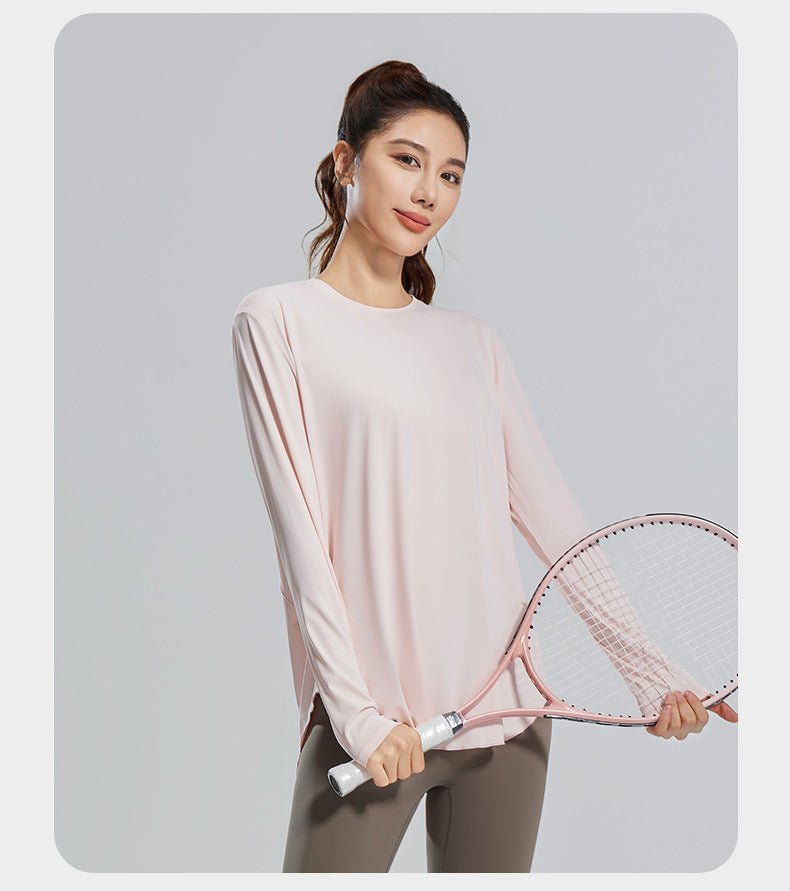 Women Loose Fit Long Sleeve Round Neck Fitness Yoga Top Racerback - Women's Activewear by Ceecile