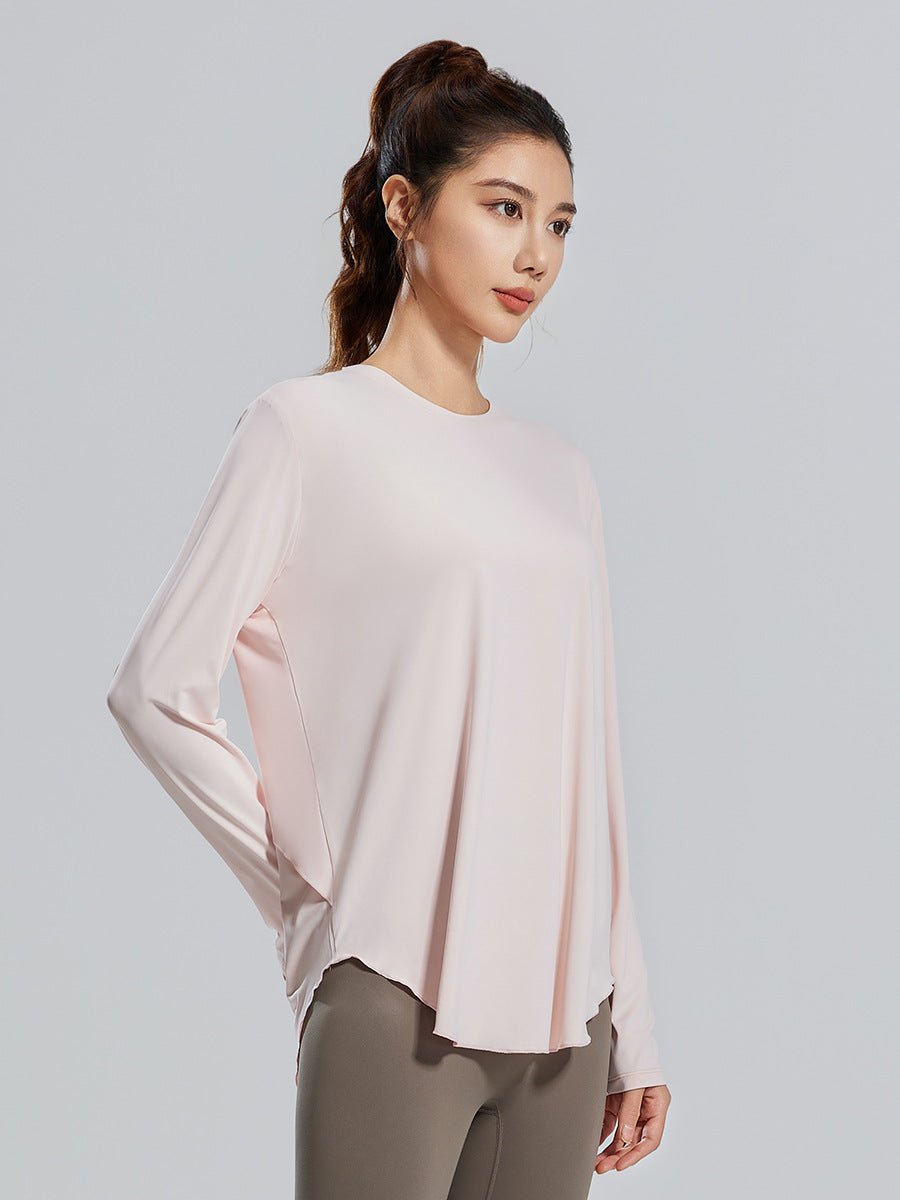 Women Loose Fit Long Sleeve Round Neck Fitness Yoga Top Racerback - Women's Activewear by Ceecile